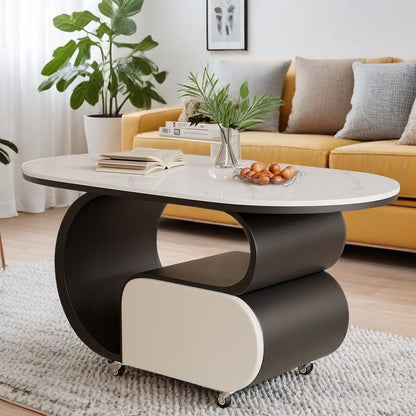 Contemporary Nordic Movable Oval Stone Slab Carbon Steel Hardware Coffee Table 1-Drawer For Living Room