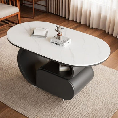 Contemporary Nordic Movable Oval Stone Slab Carbon Steel Hardware Coffee Table 1-Drawer For Living Room