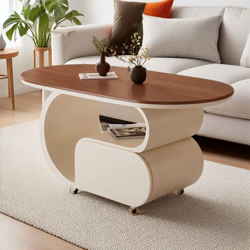 Contemporary Nordic Movable Oval Stone Slab Carbon Steel Hardware Coffee Table 1-Drawer For Living Room