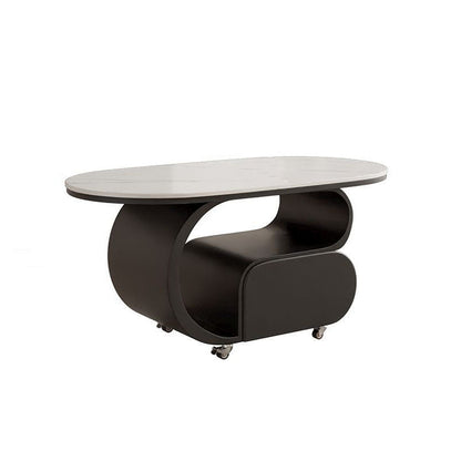 Contemporary Nordic Movable Oval Stone Slab Carbon Steel Hardware Coffee Table 1-Drawer For Living Room