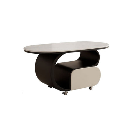 Contemporary Nordic Movable Oval Stone Slab Carbon Steel Hardware Coffee Table 1-Drawer For Living Room