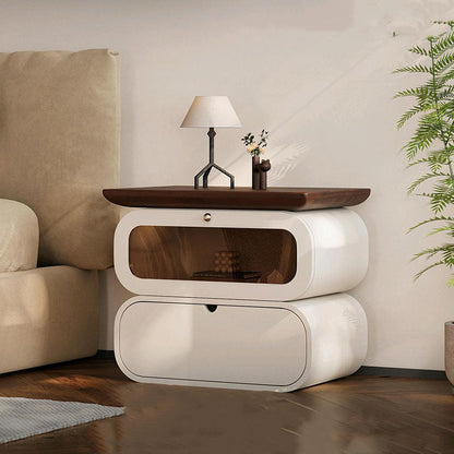 Modern Minimalist Square Solid Wood Glass Nightstand 2-Drawer For Bedroom