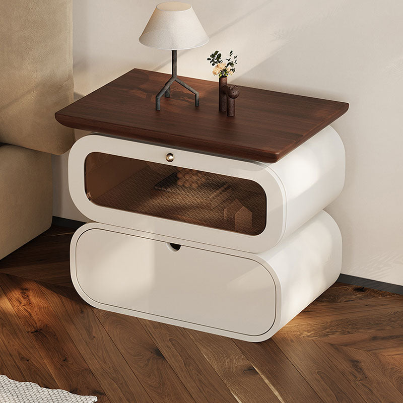 Modern Minimalist Square Solid Wood Glass Nightstand 2-Drawer For Bedroom