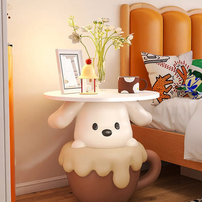 Contemporary Creative Kids Teacup Dog-Shaped Resin Solid Wood Side Table 1-Tray For Living Room