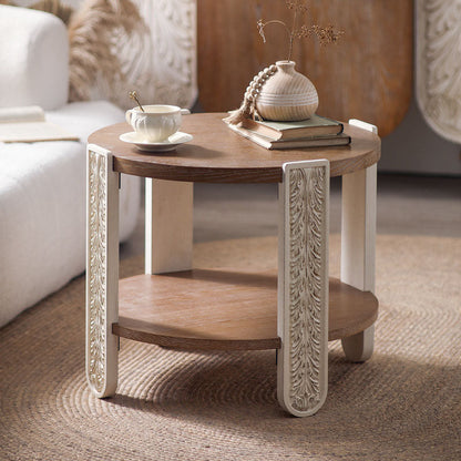 Traditional French Round Relief Carved Solid Wood MDF Coffee Table 2-Tier For Living Room