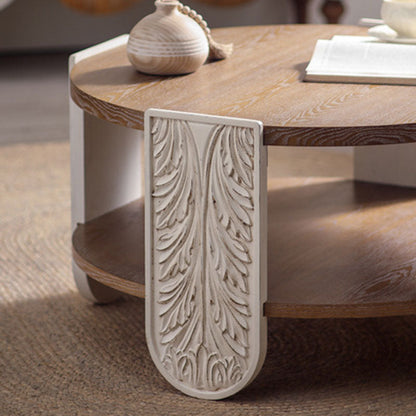 Traditional French Round Relief Carved Solid Wood MDF Coffee Table 2-Tier For Living Room