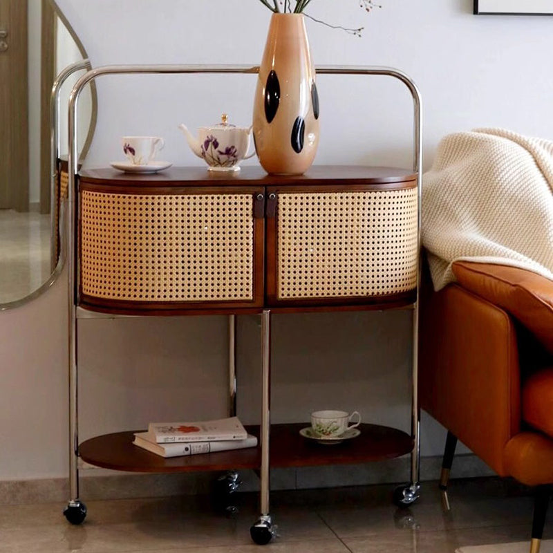 Traditional Vintage Movable Oval Solid Wood Stainless Steel Side Table 2-Tier For Living Room