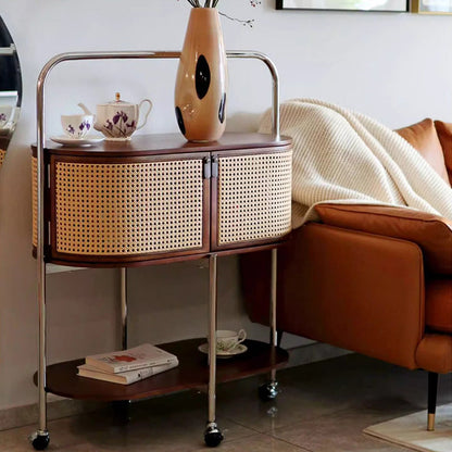 Traditional Vintage Movable Oval Solid Wood Stainless Steel Side Table 2-Tier For Living Room