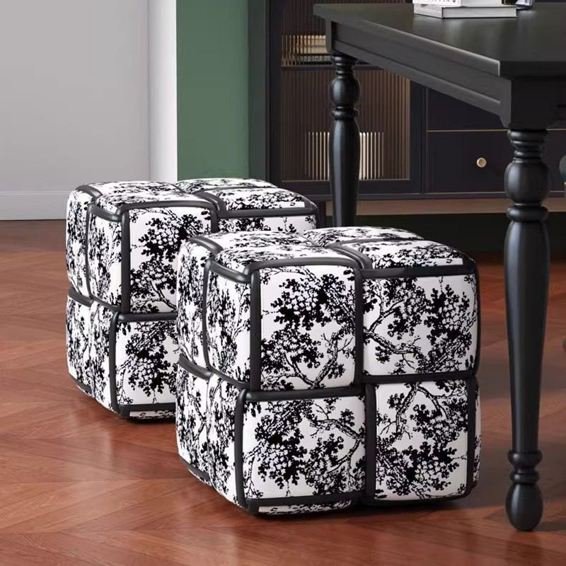 Modern Minimalist Square Wood Flannelette Faux Leather Sponge Low Stool Backless Armless For Living Room
