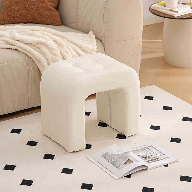 Contemporary Scandinavian Round Arch Solid Wood & Plywood Cat Scratching Leather Sponge Vanity Stool Backless Armless For Bedroom