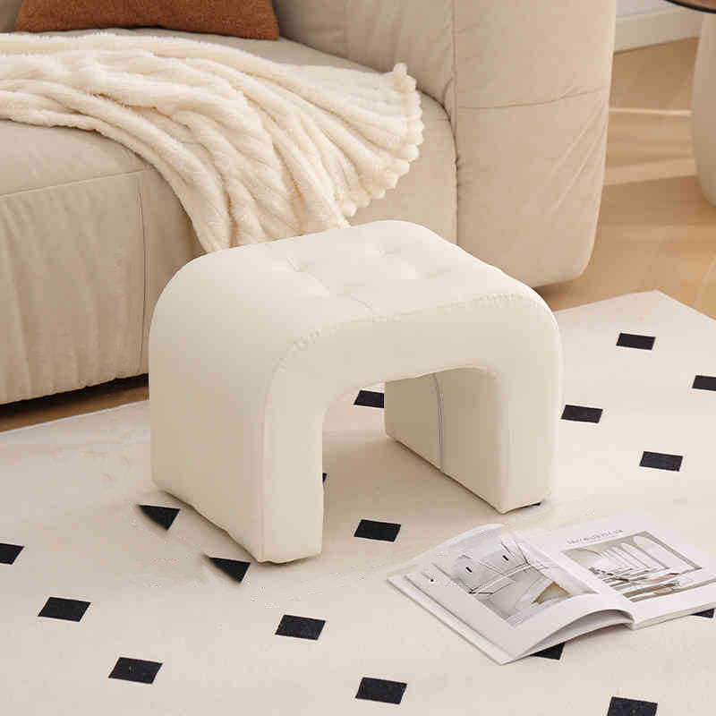 Contemporary Scandinavian Round Arch Solid Wood & Plywood Cat Scratching Leather Sponge Vanity Stool Backless Armless For Bedroom