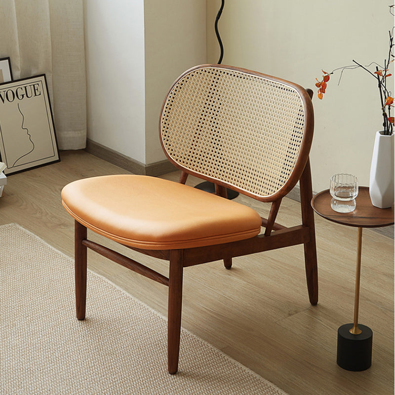 Traditional Rustic Arc Ash Wood Microfiber Leather Faux Rattan Weaving Accent Chair Backrest Armless For Living Room & Bedroom
