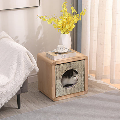 Traditional Farmhouse Solid Paulownia Wood Square Cat Bed 1-Tier For Living Room & Bedroom