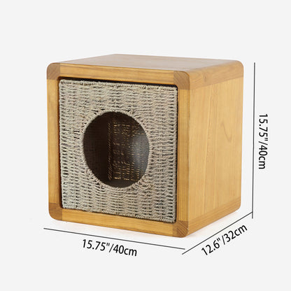 Traditional Farmhouse Solid Paulownia Wood Square Cat Bed 1-Tier For Living Room & Bedroom