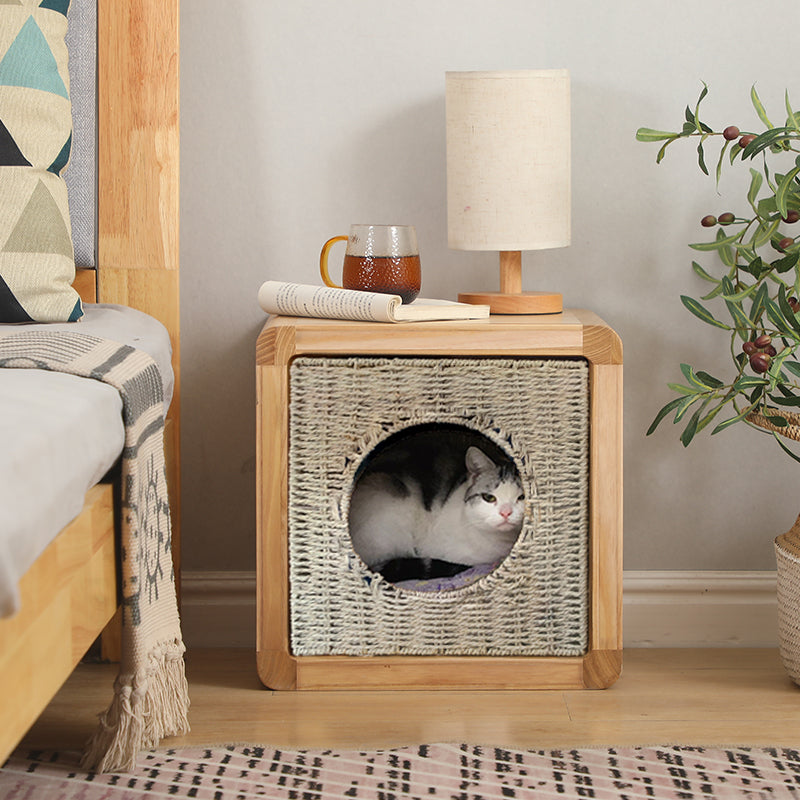Traditional Farmhouse Solid Paulownia Wood Square Cat Bed 1-Tier For Living Room & Bedroom