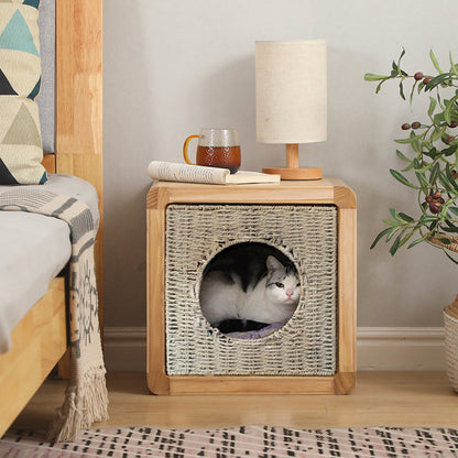 Traditional Farmhouse Solid Paulownia Wood Square Cat Bed 1-Tier For Living Room & Bedroom