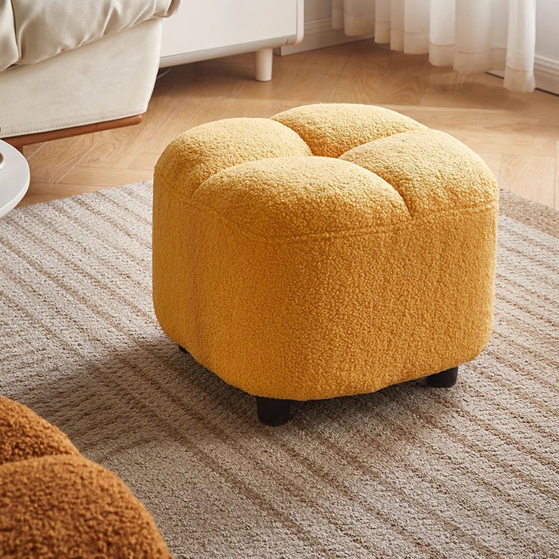 Contemporary Nordic Square Sherpa Fabric Sponge Wood Low Stool Backless Armless For Entryway & Hallway
