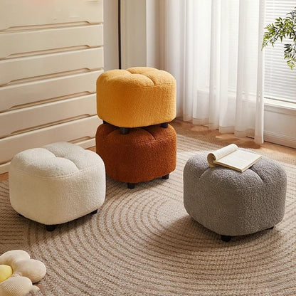 Contemporary Nordic Square Sherpa Fabric Sponge Wood Low Stool Backless Armless For Entryway & Hallway