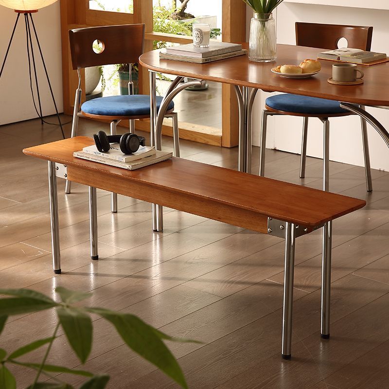 Traditional Vintage Rectangular Rubberwood Stainless Steel Bench Backless Armless For Hallway & Entryway