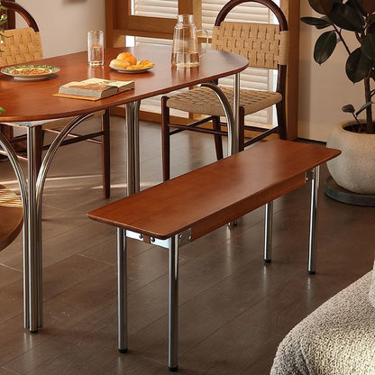 Traditional Vintage Rectangular Rubberwood Stainless Steel Bench Backless Armless For Hallway & Entryway