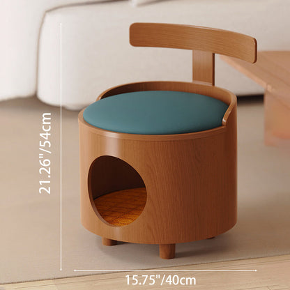 Contemporary Scandinavian Round Solid Wood Multi-Layer Board Faux Leather Sponge Cat Bed Low Stool Backrest Armless For Living Room