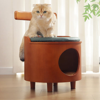 Contemporary Scandinavian Round Solid Wood Multi-Layer Board Faux Leather Sponge Cat Bed Low Stool Backrest Armless For Living Room
