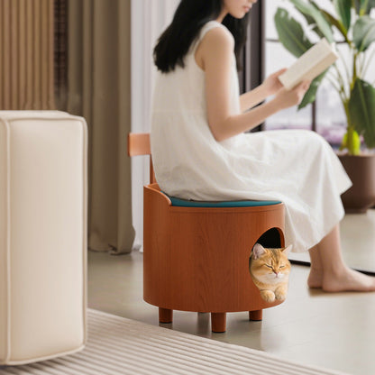 Contemporary Scandinavian Round Solid Wood Multi-Layer Board Faux Leather Sponge Cat Bed Low Stool Backrest Armless For Living Room