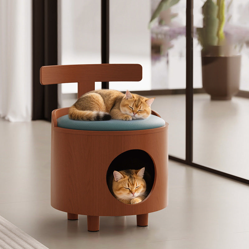 Contemporary Scandinavian Round Solid Wood Multi-Layer Board Faux Leather Sponge Cat Bed Low Stool Backrest Armless For Living Room