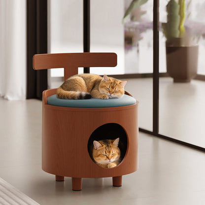 Contemporary Scandinavian Round Solid Wood Multi-Layer Board Faux Leather Sponge Cat Bed Low Stool Backrest Armless For Living Room
