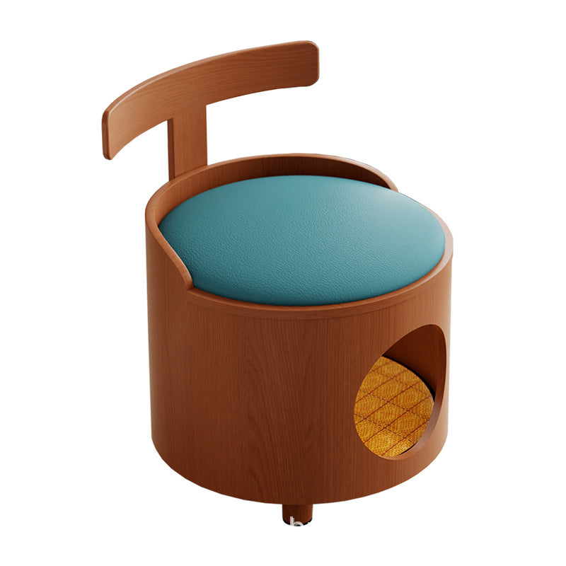 Contemporary Scandinavian Round Solid Wood Multi-Layer Board Faux Leather Sponge Cat Bed Low Stool Backrest Armless For Living Room