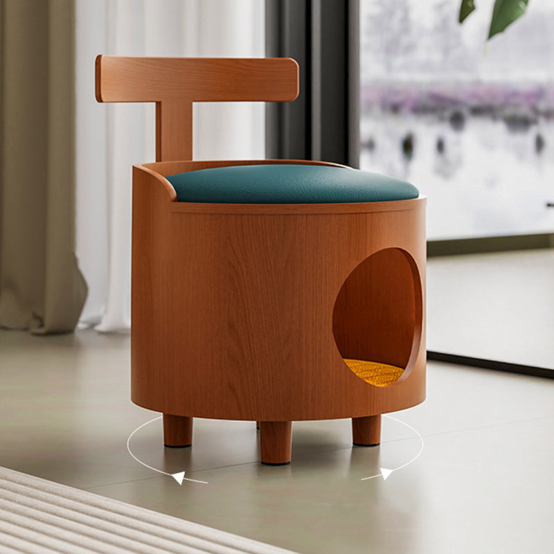 Contemporary Scandinavian Round Solid Wood Multi-Layer Board Faux Leather Sponge Cat Bed Low Stool Backrest Armless For Living Room