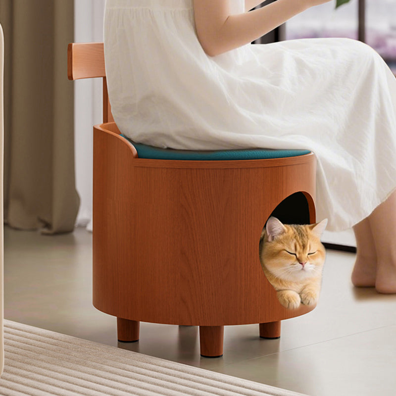 Contemporary Scandinavian Round Solid Wood Multi-Layer Board Faux Leather Sponge Cat Bed Low Stool Backrest Armless For Living Room