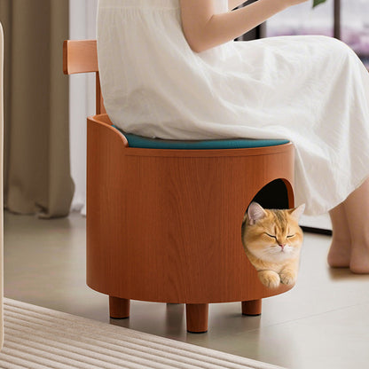 Contemporary Scandinavian Round Solid Wood Multi-Layer Board Faux Leather Sponge Cat Bed Low Stool Backrest Armless For Living Room