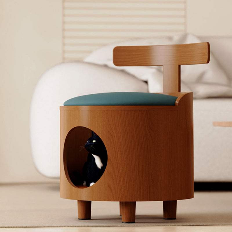 Contemporary Scandinavian Round Solid Wood Multi-Layer Board Faux Leather Sponge Cat Bed Low Stool Backrest Armless For Living Room