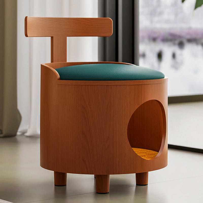 Contemporary Scandinavian Round Solid Wood Multi-Layer Board Faux Leather Sponge Cat Bed Low Stool Backrest Armless For Living Room
