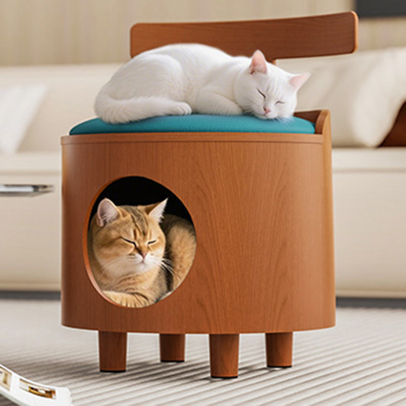Contemporary Scandinavian Round Solid Wood Multi-Layer Board Faux Leather Sponge Cat Bed Low Stool Backrest Armless For Living Room