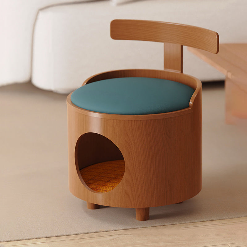 Contemporary Scandinavian Round Solid Wood Multi-Layer Board Faux Leather Sponge Cat Bed Low Stool Backrest Armless For Living Room