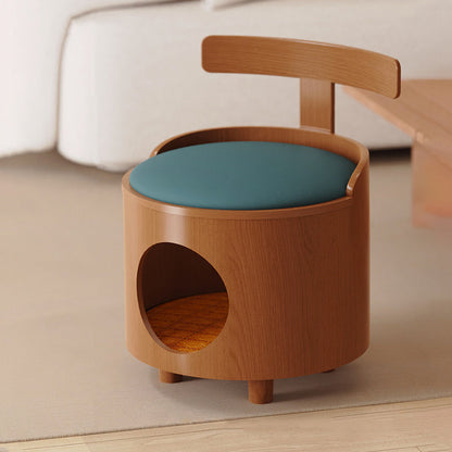 Contemporary Scandinavian Round Solid Wood Multi-Layer Board Faux Leather Sponge Cat Bed Low Stool Backrest Armless For Living Room