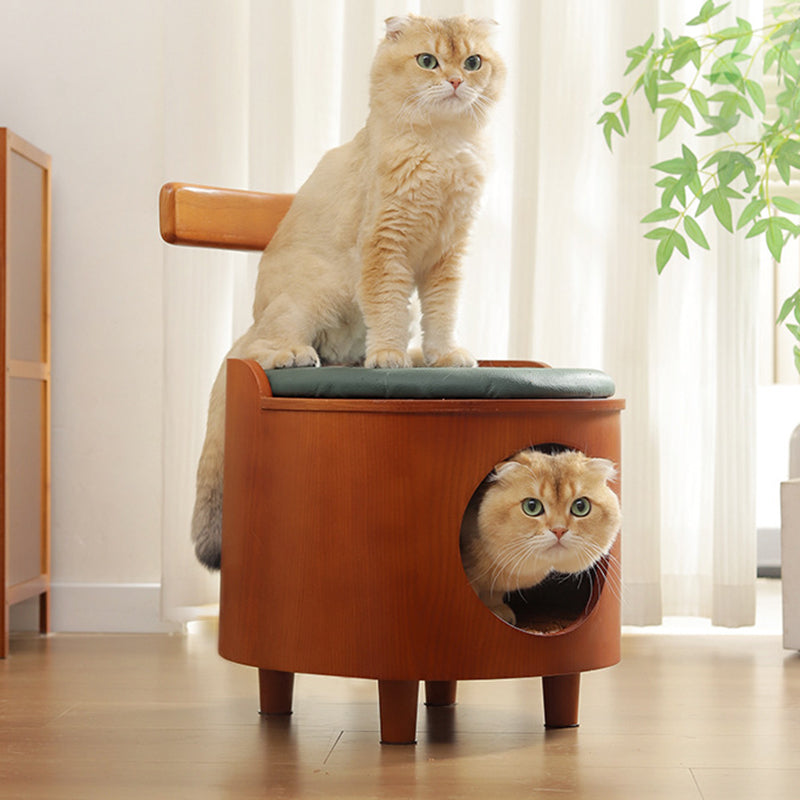 Contemporary Scandinavian Round Solid Wood Multi-Layer Board Faux Leather Sponge Cat Bed Low Stool Backrest Armless For Living Room