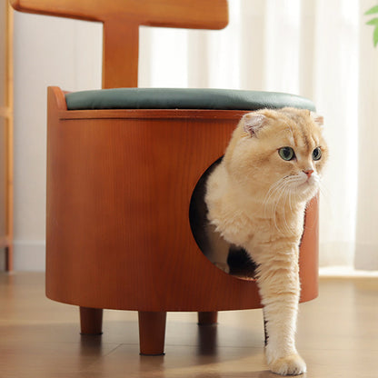 Contemporary Scandinavian Round Solid Wood Multi-Layer Board Faux Leather Sponge Cat Bed Low Stool Backrest Armless For Living Room