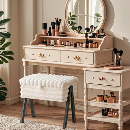 Contemporary Nordic Rectangular Faux Rabbit Fur Wood Steel Flip-Top Hidden Storage Vanity Stool For Bedroom