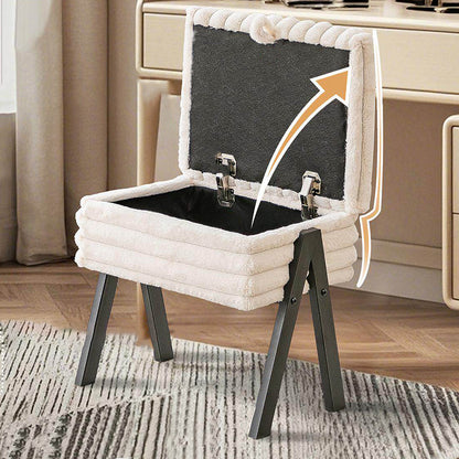 Contemporary Nordic Rectangular Faux Rabbit Fur Wood Steel Flip-Top Hidden Storage Vanity Stool For Bedroom