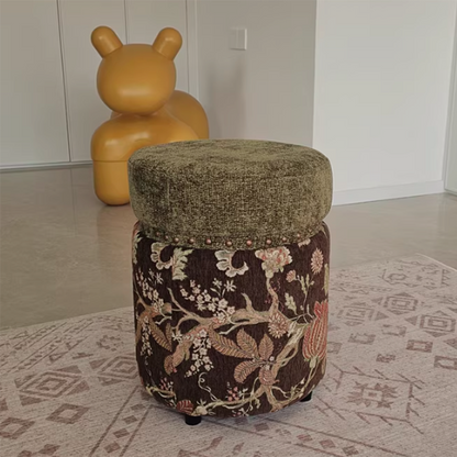 Traditional European Solid Wood Chenille Upholstered Rubber Base Cylindrical Vanity Stool Backless Armless For Bedroom