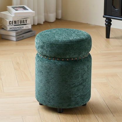 Traditional European Solid Wood Chenille Upholstered Rubber Base Cylindrical Vanity Stool Backless Armless For Bedroom