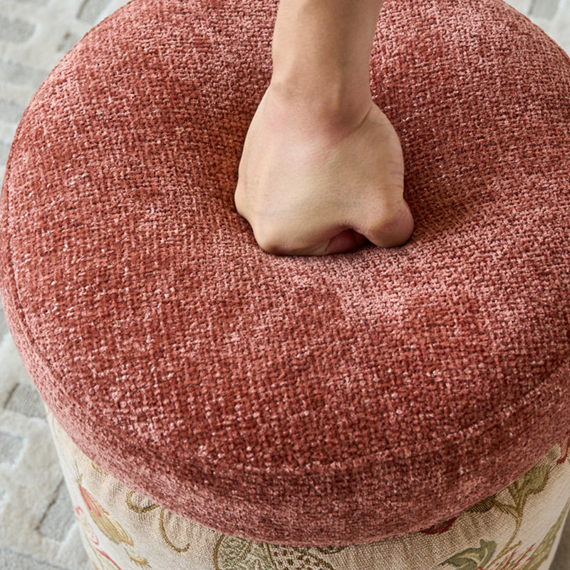 Traditional European Solid Wood Chenille Upholstered Rubber Base Cylindrical Vanity Stool Backless Armless For Bedroom
