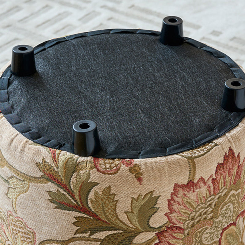 Traditional European Solid Wood Chenille Upholstered Rubber Base Cylindrical Vanity Stool Backless Armless For Bedroom