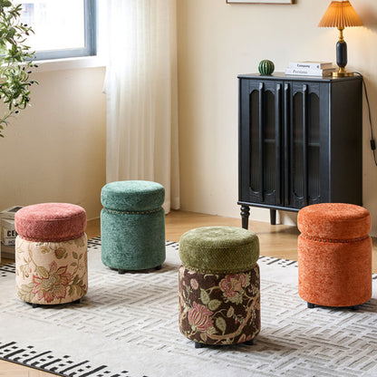 Traditional European Solid Wood Chenille Upholstered Rubber Base Cylindrical Vanity Stool Backless Armless For Bedroom