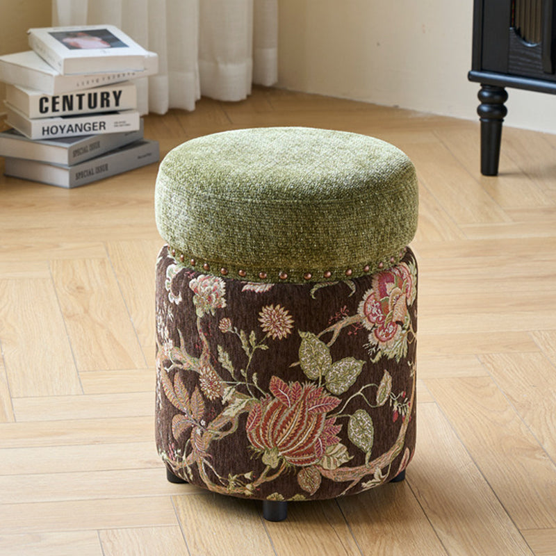 Traditional European Solid Wood Chenille Upholstered Rubber Base Cylindrical Vanity Stool Backless Armless For Bedroom