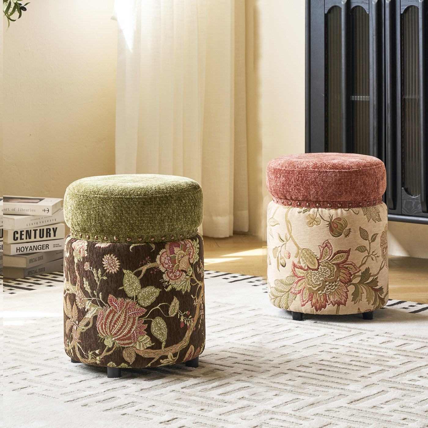 Traditional European Solid Wood Chenille Upholstered Rubber Base Cylindrical Vanity Stool Backless Armless For Bedroom