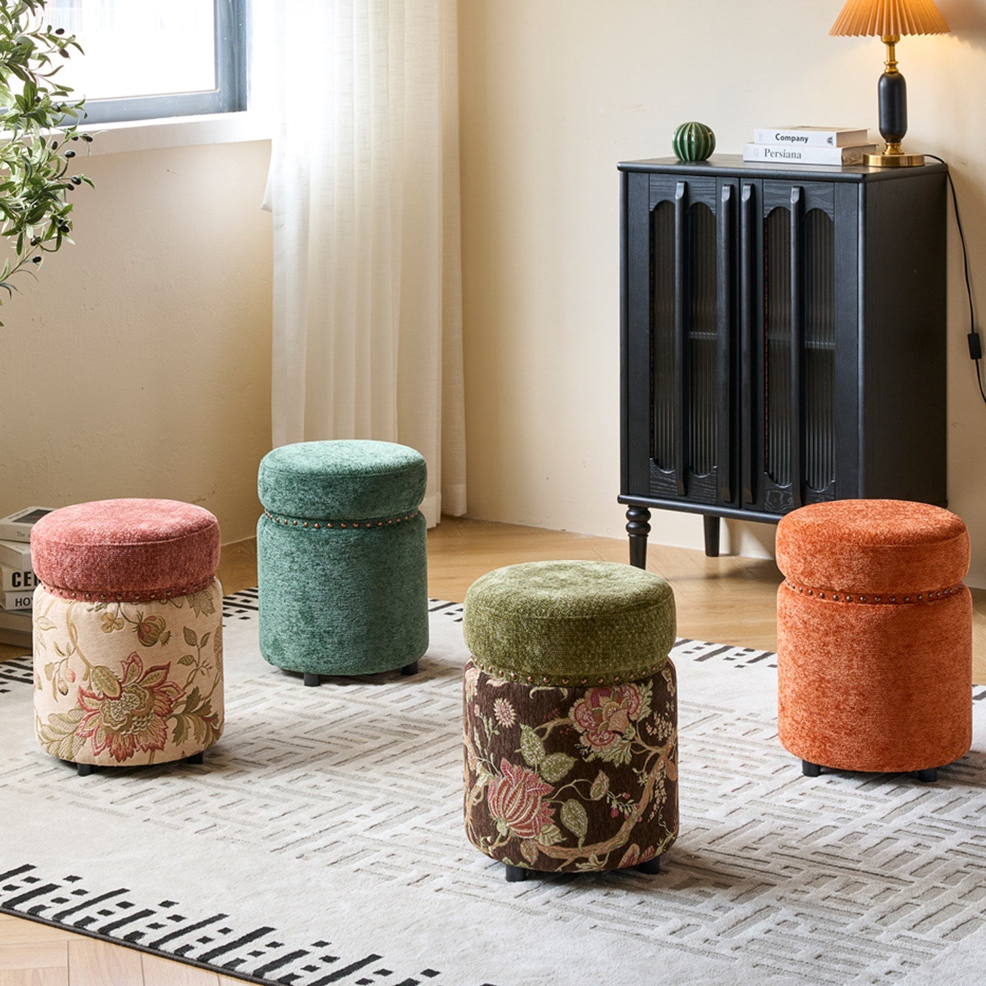 Traditional European Solid Wood Chenille Upholstered Rubber Base Cylindrical Vanity Stool Backless Armless For Bedroom